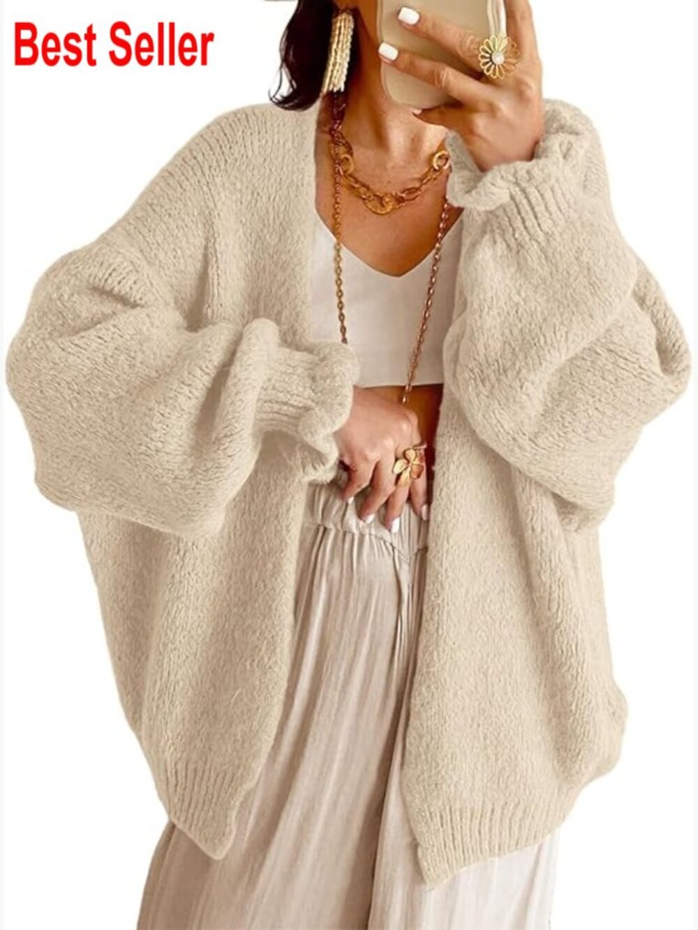 Oversized Open Front Cardigan Fall Ruffle Lantern Long Sleeve Chunky Knit Loose